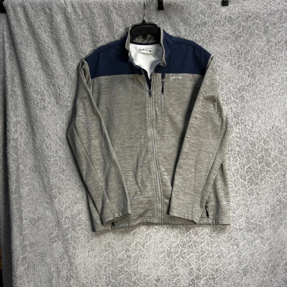 ORVIS Men's Full-Zip Jacket Grey Heather / Navy Yoke Stand Collar Zipper, XL‎